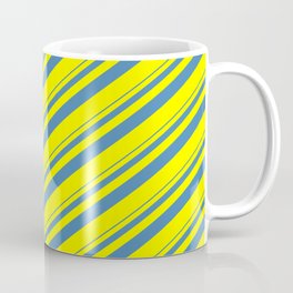 [ Thumbnail: Blue and Yellow Colored Striped Pattern Coffee Mug ]