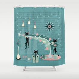 Retro Naughty Kitty Christmas Shower Curtain