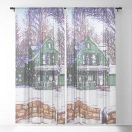 Retro Christmas Greenery Winter Home Road Sheer Curtain