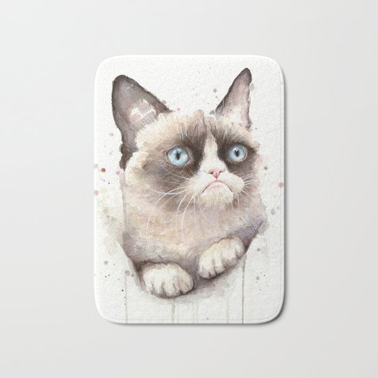 Grumpy Watercolor Cat Animals Meme Geek Art Bath Mat