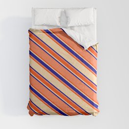 [ Thumbnail: Coral, Red, Tan, and Dark Blue Colored Lines/Stripes Pattern Comforter ]