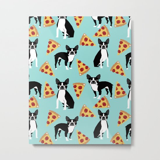 Boston Terrier pizza party cute pet portraits junk food pizza slices with boston terrier pattern Metal Print
