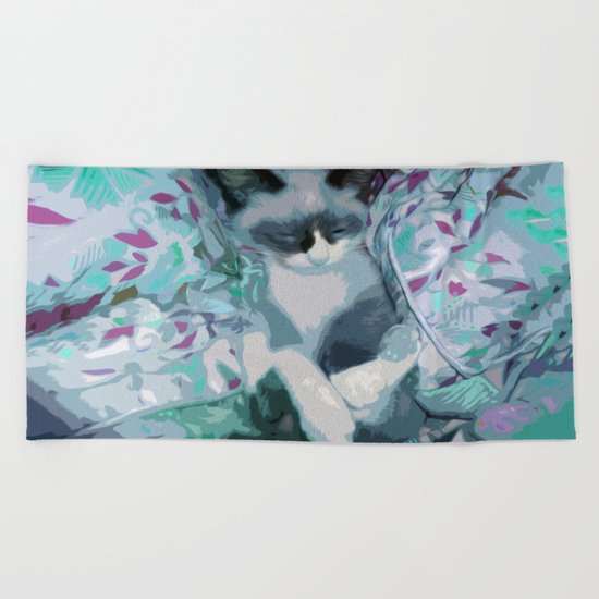 Nestled Kitten in Comforter Cloud Beach Towel