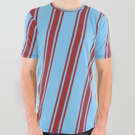 [ Thumbnail: Light Sky Blue & Brown Colored Striped/Lined Pattern All Over Graphic Tee ]