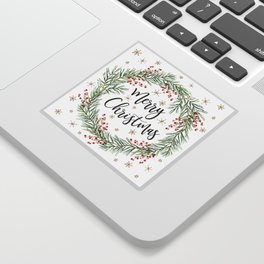 Merry Christmas wreath with red berries Sticker | Christmas, Spruce, Holiday, Fir, Quote, Wreath, Graphicdesign, Berry, Winter, Green 