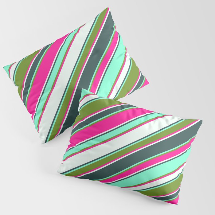 Vibrant Deep Pink, Mint Cream, Dark Slate Gray, Aquamarine, and Green Colored Lines/Stripes Pattern Pillow Sham