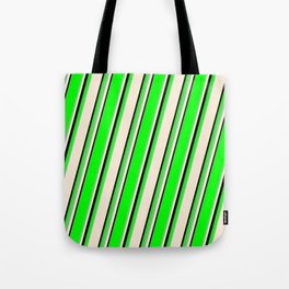 [ Thumbnail: Lime, Dark Sea Green, Beige & Black Colored Lined Pattern Tote Bag ]