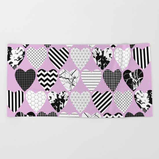 Hearts And Love - Black and white, geometric Pattern Beach Towel