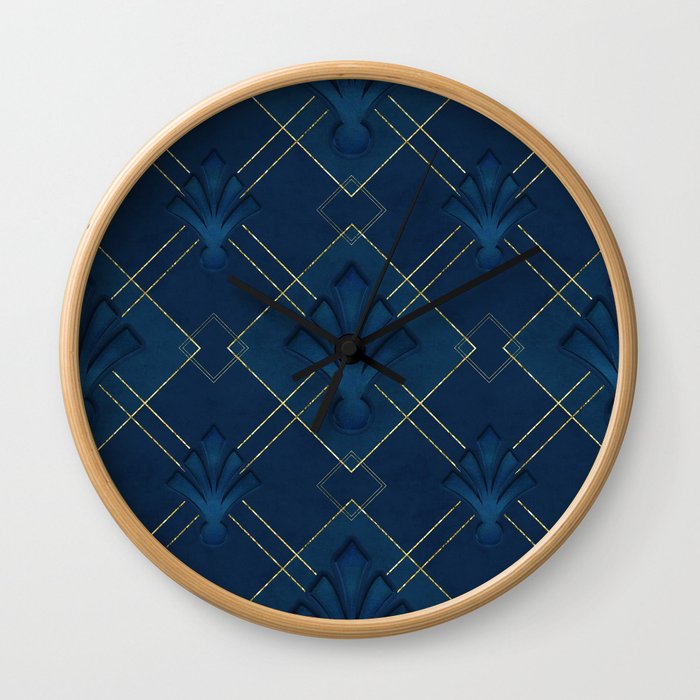 Elegant Retro Mid Century Dark Blue And Gold Art Deco Pattern Wall Clock