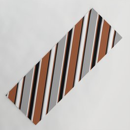 [ Thumbnail: Dark Gray, White, Sienna & Black Colored Pattern of Stripes Yoga Mat ]