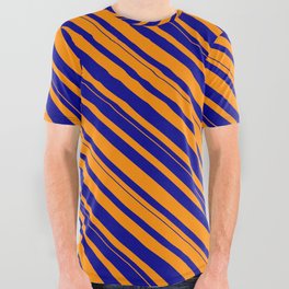 [ Thumbnail: Dark Orange and Dark Blue Colored Lined/Striped Pattern All Over Graphic Tee ]