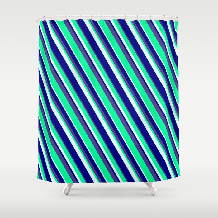 Green, Light Cyan, Blue & Dark Slate Blue Colored Lines/Stripes Pattern Shower Curtain