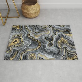 Dark Gray + Gold Stylized Geode Ripples Rug | Wavy, Agate, Dreamy, Trippy, Stylized, Gray, Surreal, Black And Yellow, Crystal, Geode 