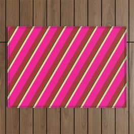 [ Thumbnail: Tan, Deep Pink, Brown & Dark Green Colored Stripes/Lines Pattern Outdoor Rug ]