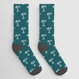 Teal Blue And White Palm Trees Pattern Socks
