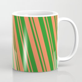 [ Thumbnail: Forest Green & Coral Colored Lines Pattern Coffee Mug ]