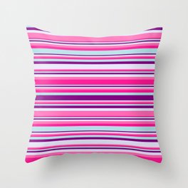 [ Thumbnail: Colorful Hot Pink, Deep Pink, Powder Blue, Purple, and Lavender Colored Lined Pattern Throw Pillow ]