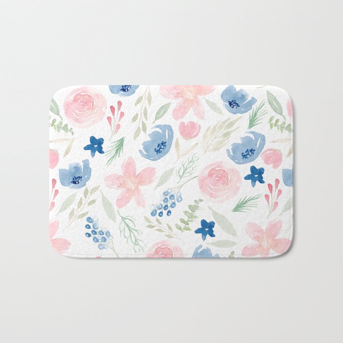 Blush Pink and Dusty Blue Watercolor Florals Bath Mat