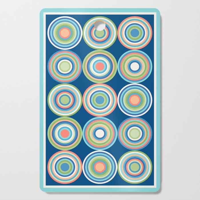 Mid Century Modern Bullseye Circles // Retro Geometric // Blue, Turquoise, Coral, Green, Peach, Ivory Cutting Board