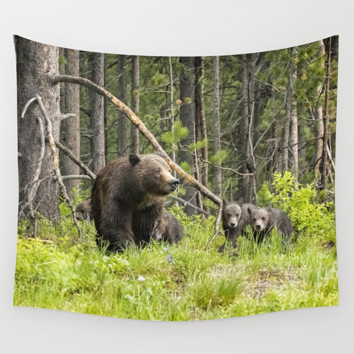 Charting the Course - Grizzly 399 with Her Four Cubs Wall Tapestry