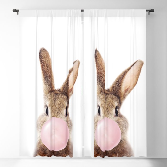 Brown Bunny Blowing Bubble Gum, Pink Nursery, Baby Animals Art Print by Synplus Blackout Curtain