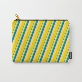 [ Thumbnail: Teal, Pale Goldenrod & Yellow Colored Lines Pattern Carry-All Pouch ]