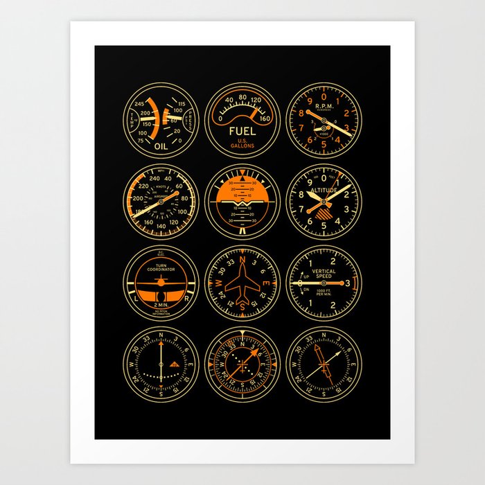 Aircraft Flight Instruments - Full Black Art Print