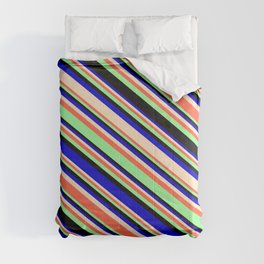 [ Thumbnail: Eye-catching Blue, Bisque, Red, Green, and Black Colored Lines/Stripes Pattern Comforter ]