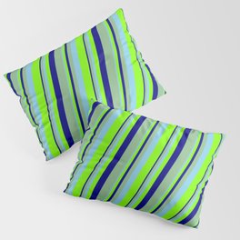 [ Thumbnail: Sky Blue, Chartreuse, Blue & Dark Sea Green Colored Lines Pattern Pillow Sham ]