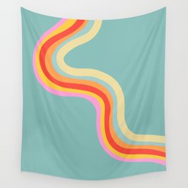 Groovy 70s Retro Rainbow Flow on Blue Wall Tapestry