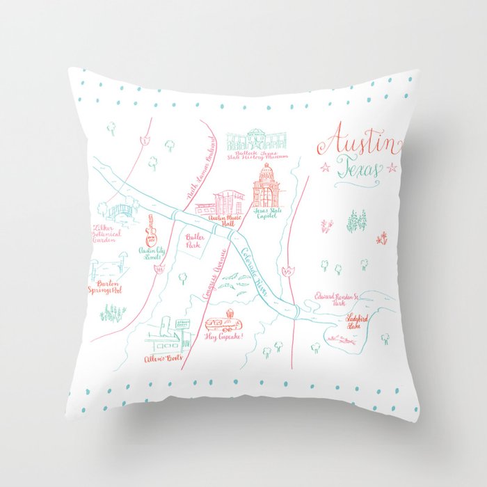 Austin, Texas Illustrated Calligraphy Map Throw Pillow