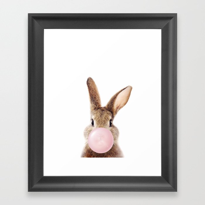 Brown Bunny Blowing Bubble Gum, Pink Nursery, Baby Animals Art Print by Synplus Framed Art Print