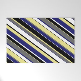[ Thumbnail: Eye-catching Tan, Dim Gray, Midnight Blue, White, and Black Colored Pattern of Stripes Welcome Mat ]