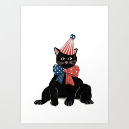 Patriotic Whiskers: Celebratory Black Cat with 4th of July Flair Art Print
