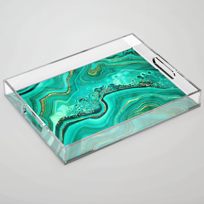 Emerald Green + Gold Abstract Geode Ripples Acrylic Tray