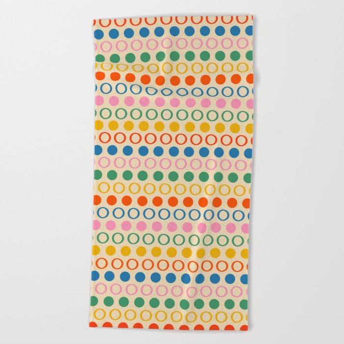 Polka Dot Stripes and Rings Pattern in Retro Rainbow Colors Beach Towel