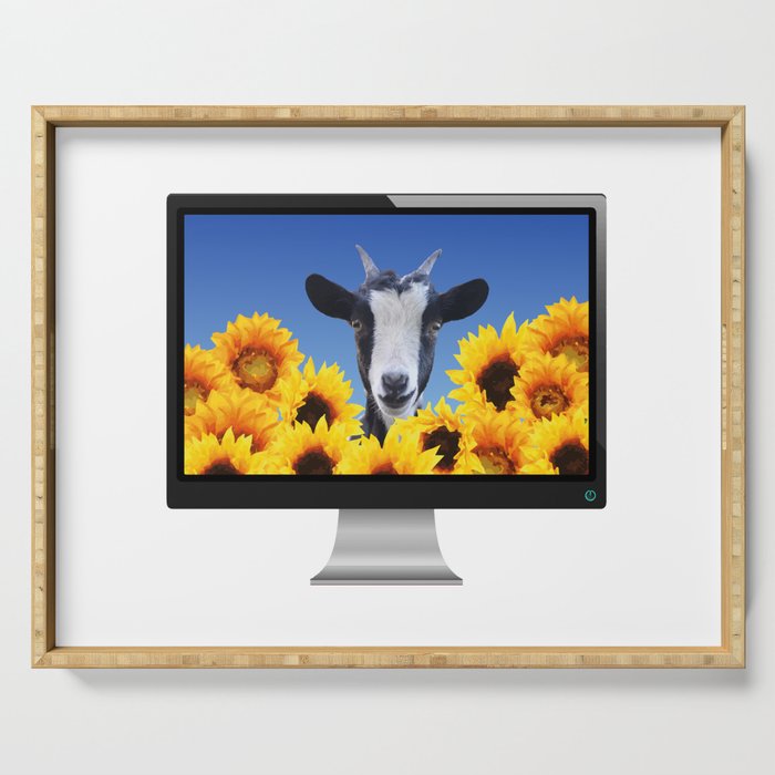Computer Screen - Goat Sunflowers Field - Animals Serving Tray