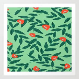 Green And Orange Tulip Pattern,Green And Orange Floral Retro Pattern,Orange Tulip Floral Pattern, Art Print