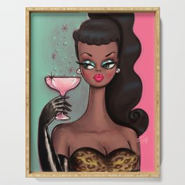 Brunette Pinup Girl with Pink Champagne Serving Tray