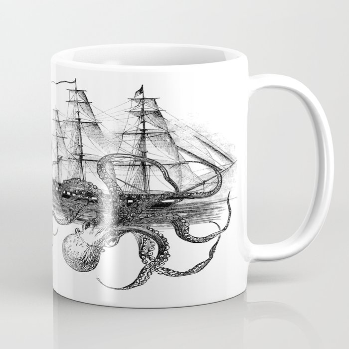 Octopus Attacks Ship on White Background Coffee Mug