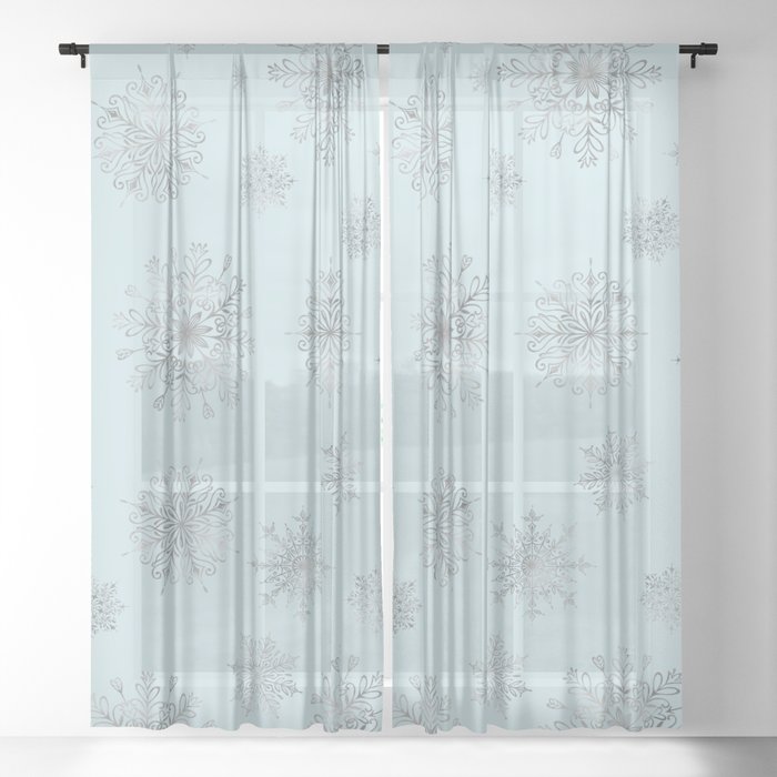 Assorted Silver Snowflakes On Light Blue Background Sheer Curtain