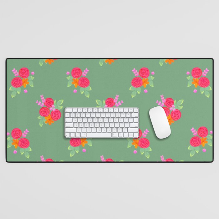 Bright Rose Blooms, Leaf Green Background Desk Mat