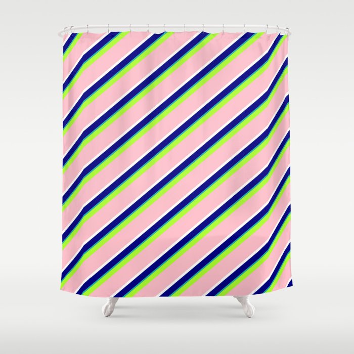 Vibrant Light Green, Pink, White, Blue & Light Sea Green Colored Lined/Striped Pattern Shower Curtain