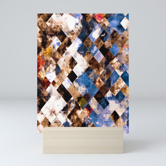 geometric pixel square pattern abstract background in brown blue Mini Art Print