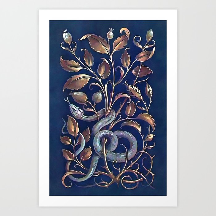 Snake & Golden Leaves Art Print