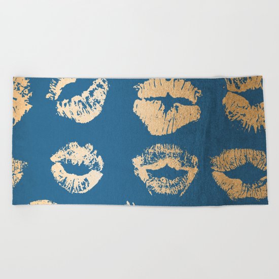 Metallic Gold Lips in Orange Sherbet and Saltwater Taffy Teal Shimmer Beach Towel