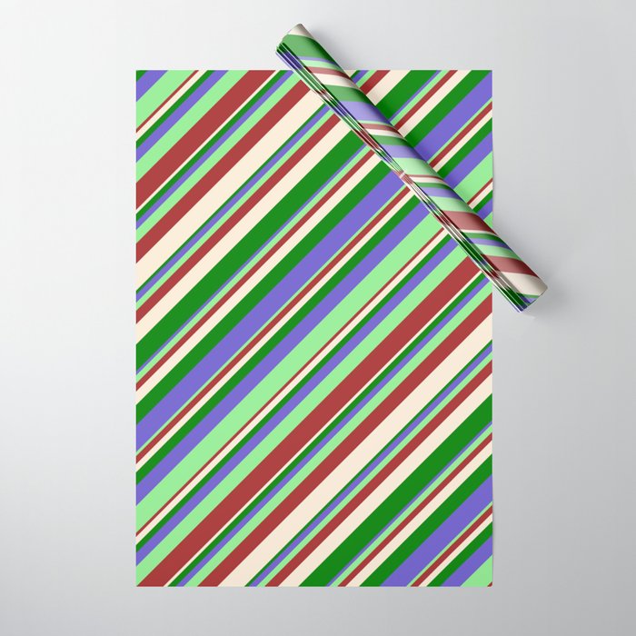Slate Blue, Light Green, Brown, Beige & Green Colored Pattern of Stripes Wrapping Paper