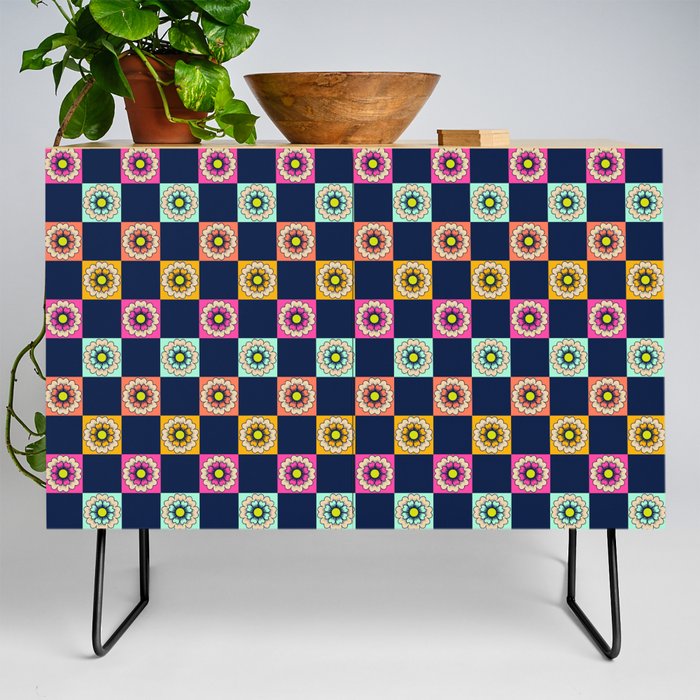 Bright block print flower checks - retro- navy, hot pink, yellow, orange Credenza