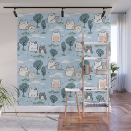 Kawaii Spring Cats Nature Pattern Wall Mural