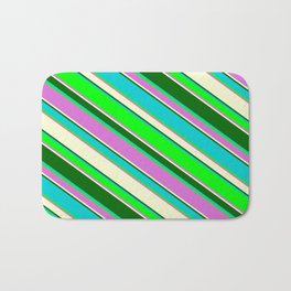 [ Thumbnail: Vibrant Dark Turquoise, Lime, Orchid, Light Yellow, and Dark Green Colored Stripes Pattern Bath Mat ]